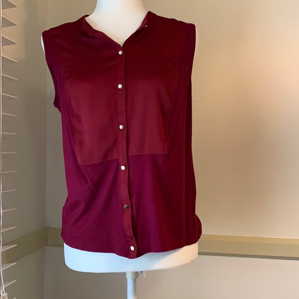 ANN TAYLOR SLEEVELESS MIXED MEDIA BUTTON UP BLOUSE - Picture 6 of 8